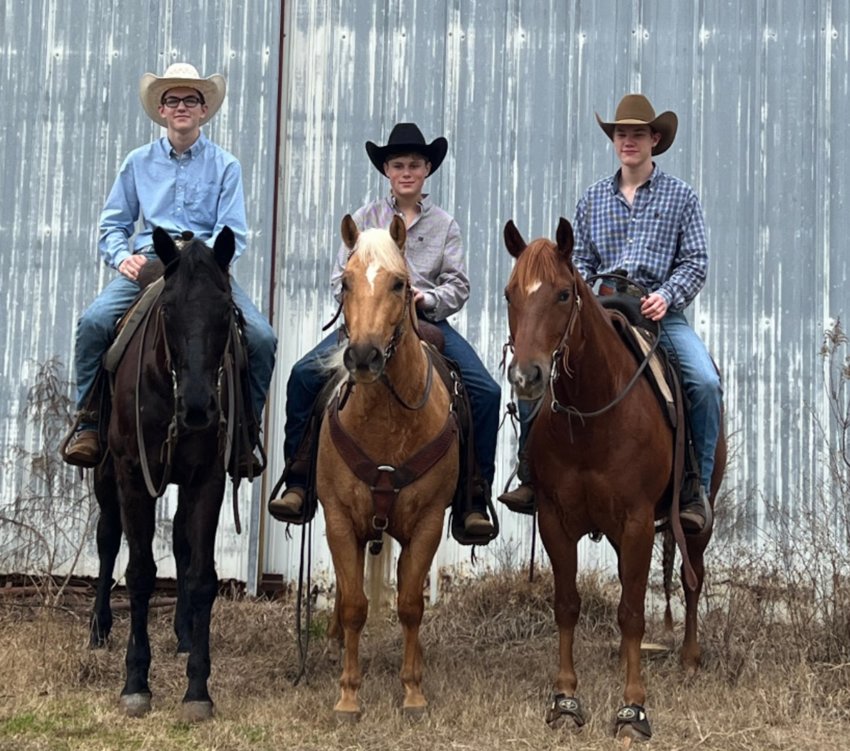 Members of the Central Mississippi Rodeo Club sit on their horses. Pictured, from left: Eli McDonald, Brayden Welch, and Landon Beason.